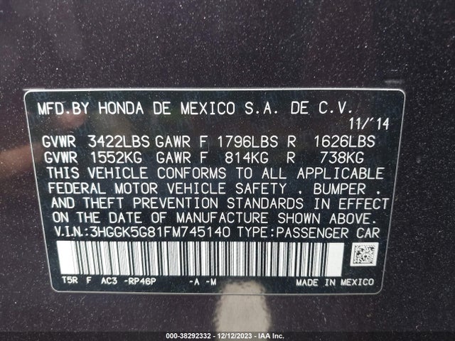2015 HONDA FIT EX VIN: 3HGGK5G81FM745140