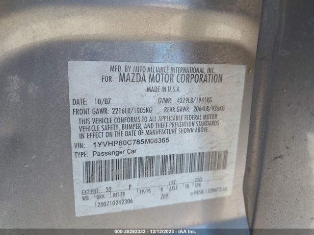 2008 MAZDA MAZDA6 I SPORT VE VIN: 1YVHP80C785M08365