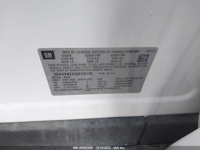 2018 CHEVROLET EQUINOX PREMIER VIN: 2GNAXNEX0J6156185