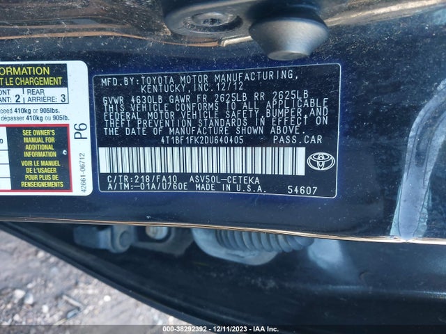 2013 TOYOTA CAMRY L VIN: 4T1BF1FK2DU640405
