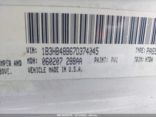 2007 DODGE CALIBER SXT VIN: 1B3HB48B67D374045