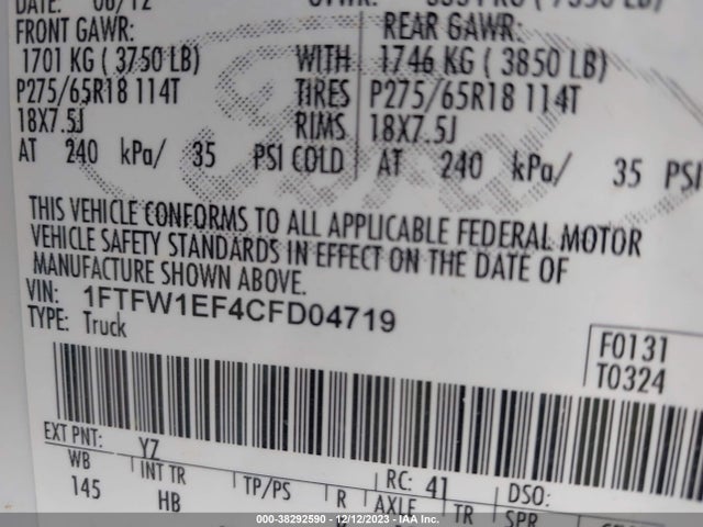 2012 FORD F-150 LARIAT VIN: 1FTFW1EF4CFD04719
