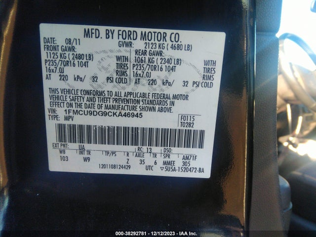 2012 FORD ESCAPE XLT VIN: 1FMCU9DG9CKA46945