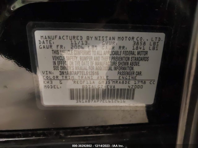 2014 NISSAN SENTRA SL VIN: 3N1AB7AP7EL612616