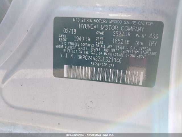 2018 HYUNDAI ACCENT SE VIN: 3KPC24A37JE021346