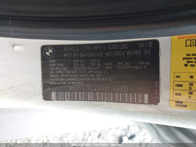 2010 BMW X3 XDRIVE30I VIN: WBXPC9C43AWJ39310