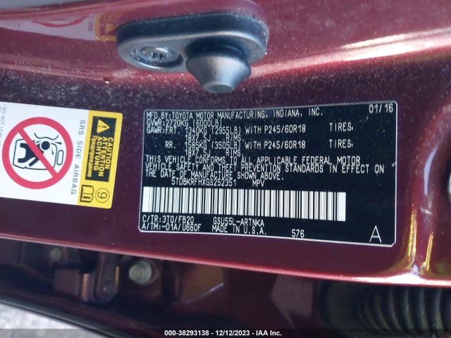 2016 TOYOTA HIGHLANDER LE V6 VIN: 5TDBKRFHXGS252351