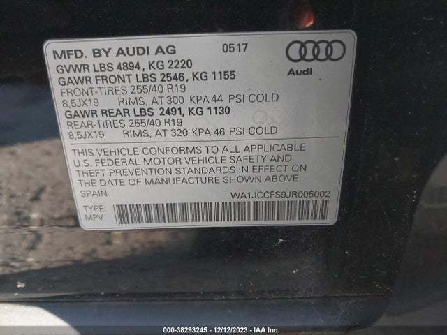 WA1JCCFS9JR005002 Audi Q3 2.0t Premium/2.0t Sport Premium
