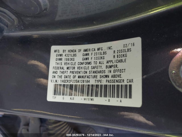 38293376 :رقم المزاد ، 1HGCR2F00GA139184 vin ، 2016 Honda Accord Ex مزاد بيع