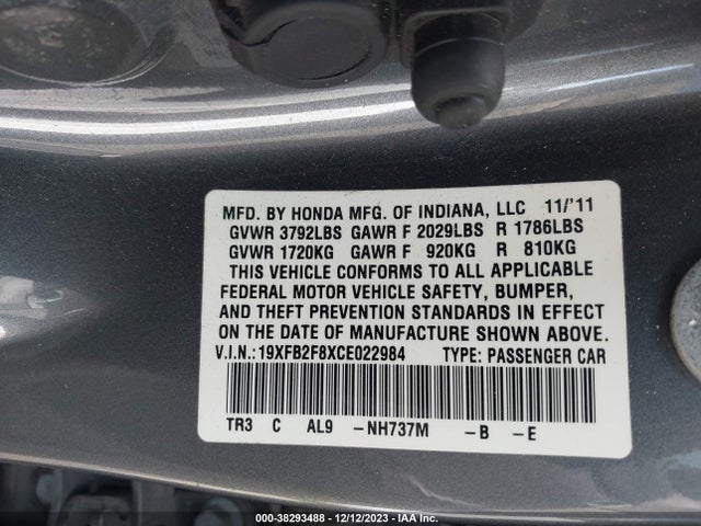2012 HONDA CIVIC EX VIN: 19XFB2F8XCE022984