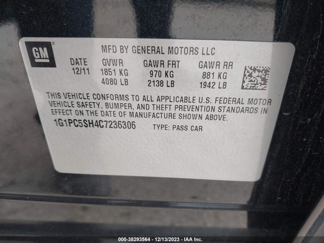 2012 CHEVROLET CRUZE LS VIN: 1G1PC5SH4C7236306