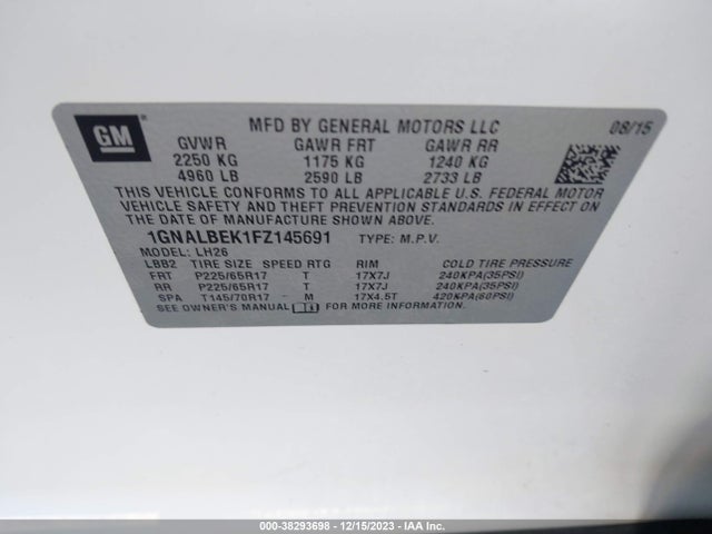Chevrolet EQUINOX 1LT 2015 1GNALBEK1FZ145691 Image 9