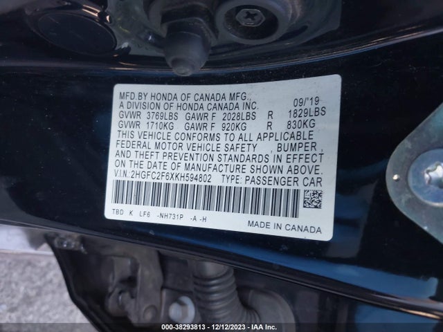 2019 HONDA CIVIC VIN: 2HGFC2F6XKH594802