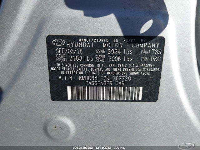 2019 HYUNDAI ELANTRA SEL VIN: KMHD84LF2KU767728