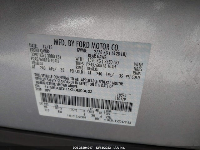 Ford EXPLORER XLT 2016 1FM5K8DH1GGB93822 Image 9