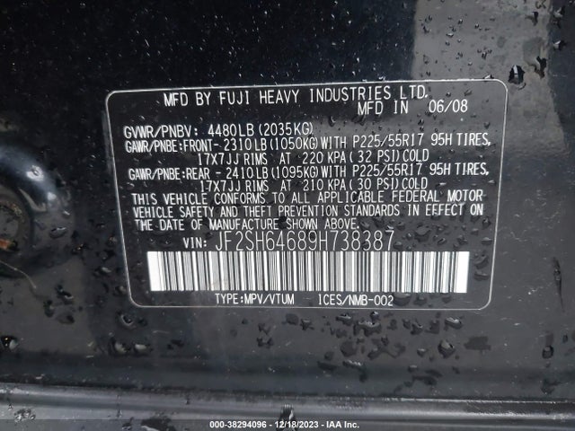 2009 SUBARU FORESTER 2.5X LIMITED VIN: JF2SH64689H738387