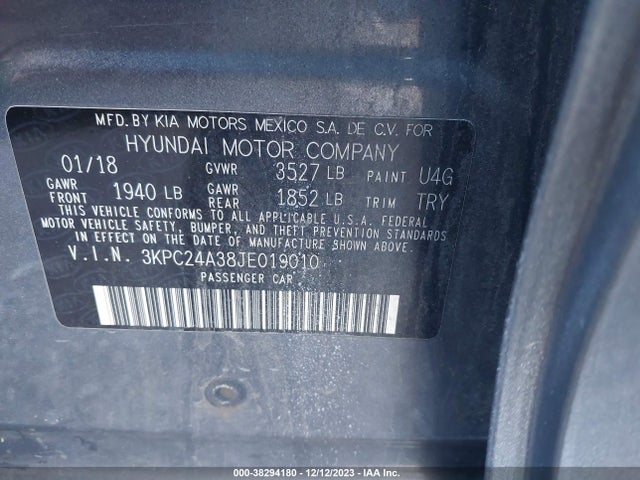 2018 HYUNDAI ACCENT SE VIN: 3KPC24A38JE019010