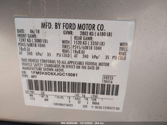 Ford EXPLORER XLT 2018 1FM5K8D8XJGC15081 Image 9