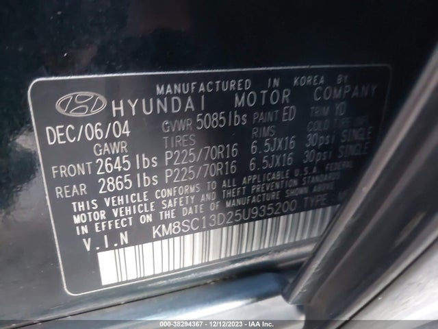 2005 HYUNDAI SANTA FE GLS VIN: KM8SC13D25U935200