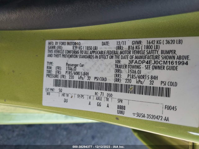 2012 FORD FIESTA SE VIN: 3FADP4EJ0CM161994