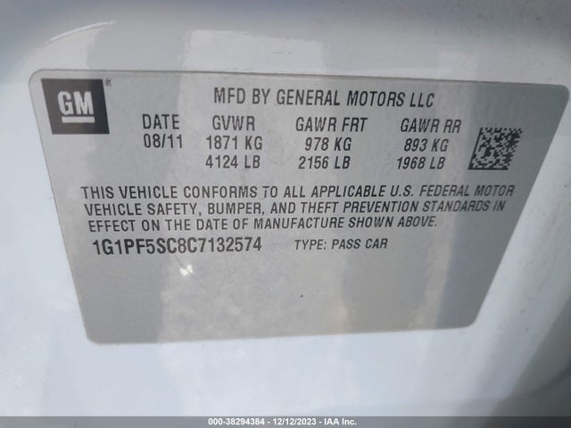 2012 CHEVROLET CRUZE 1LT VIN: 1G1PF5SC8C7132574