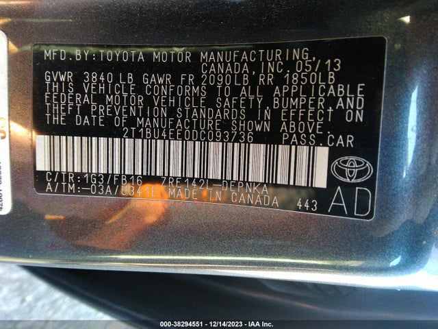 2013 TOYOTA COROLLA LE VIN: 2T1BU4EE0DC093736