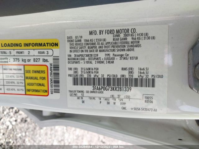 3FA6P0G73KR281339 Ford FUSION S