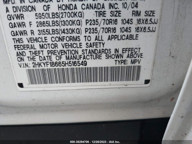 2005 HONDA PILOT EX-L VIN: 2HKYF18665H516549