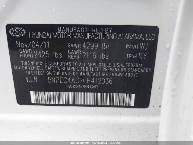 2012 HYUNDAI SONATA LIMITED VIN: 5NPEC4AC2CH412036