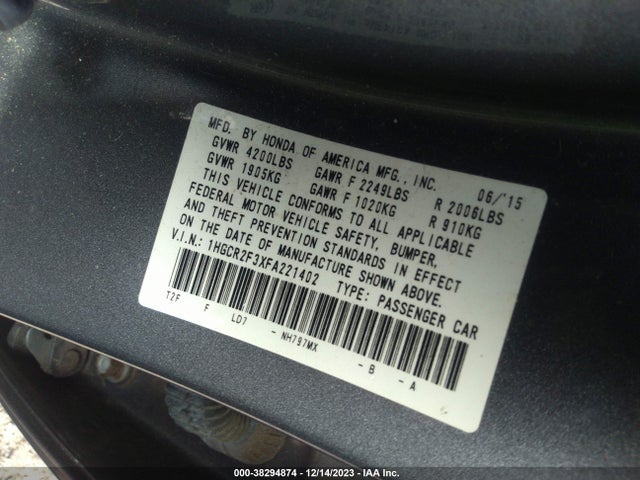 Honda ACCORD LX 2015 1HGCR2F3XFA221402 Image 9