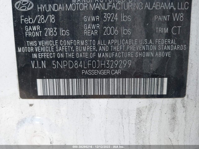 2018 HYUNDAI ELANTRA SEL VIN: 5NPD84LF0JH329299