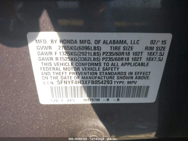 Honda PILOT SE 2015 5FNYF4H3XFB054293 Image 9