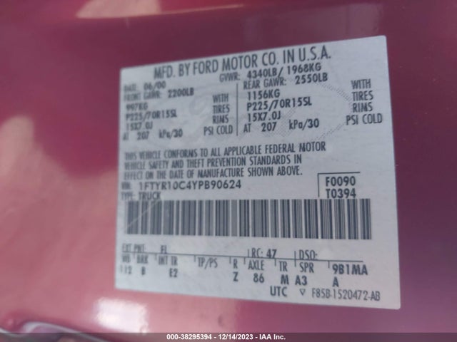2000 FORD RANGER XL/XLT VIN: 1FTYR10C4YPB90624
