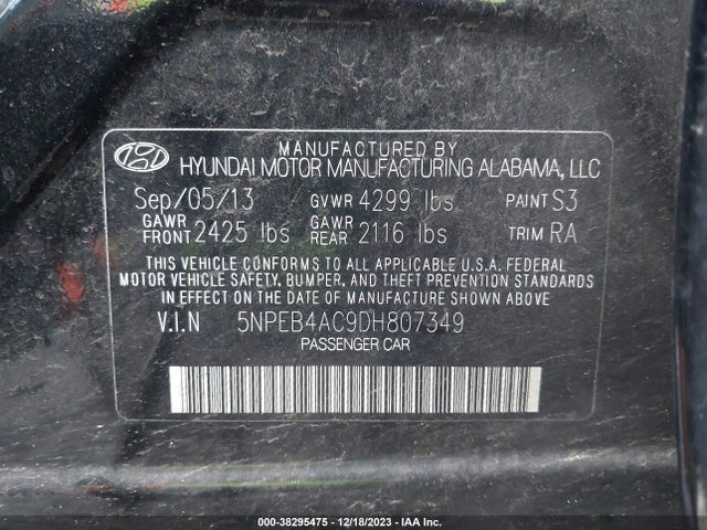 2013 HYUNDAI SONATA GLS VIN: 5NPEB4AC9DH807349