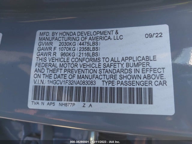 Honda Accord Sport 2022 1HGCV1F32NA083083 Image 9