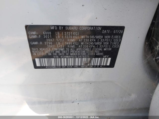2020 SUBARU ASCENT TOURING VIN: 4S4WMARD3L3479278