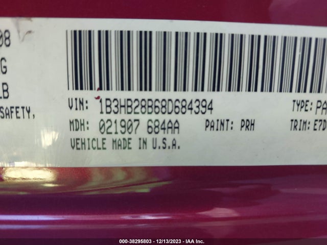 2008 DODGE CALIBER SE VIN: 1B3HB28B68D684394