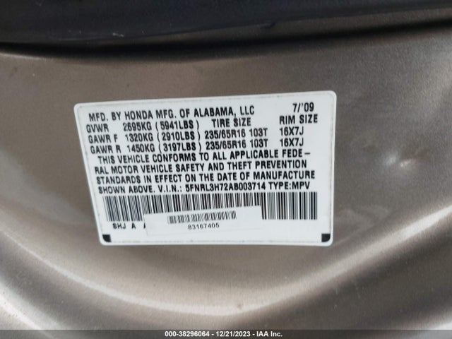 2010 HONDA ODYSSEY EX-L VIN: 5FNRL3H72AB003714
