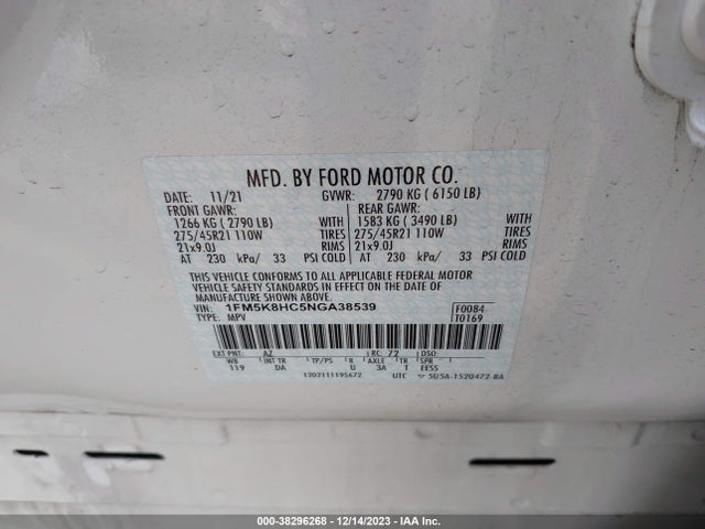 2022 FORD EXPLORER PLATINUM VIN: 1FM5K8HC5NGA38539