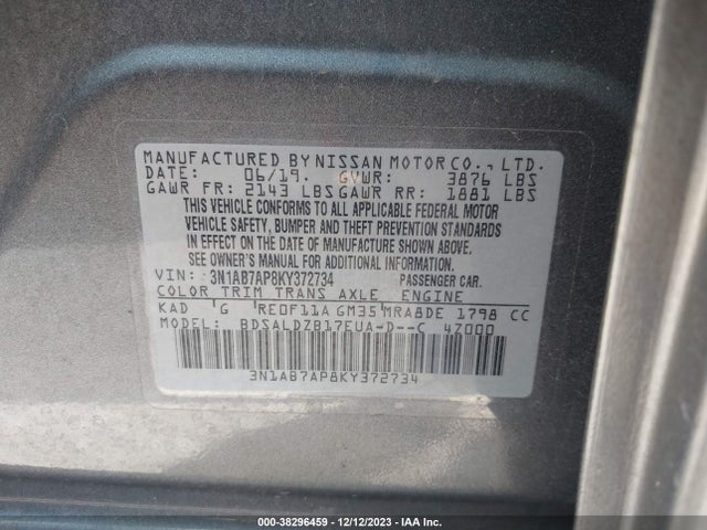2019 NISSAN SENTRA SV VIN: 3N1AB7AP8KY372734