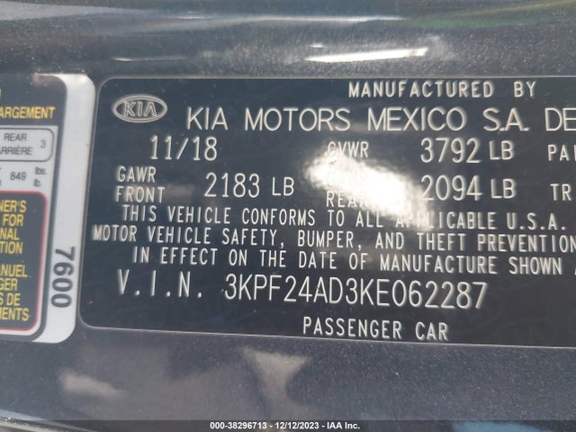 2019 Kia Forte Fe მანქანა იყიდება აუქციონზე, vin: 3KPF24AD3KE062287, აუქციონის ნომერი: 38296713