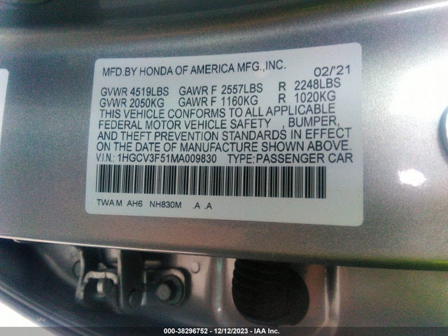 2021 HONDA ACCORD HYBRID EX-L VIN: 1HGCV3F51MA009830