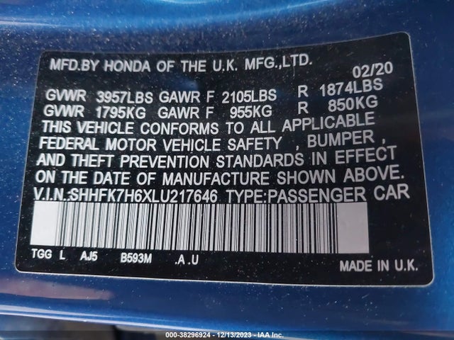 Honda CIVIC EX 2020 SHHFK7H6XLU217646 Image 9