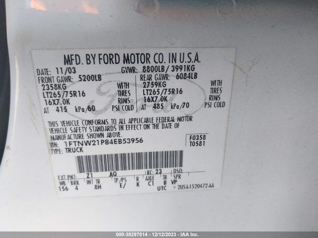 2004 FORD F-250 LARIAT/XL/XLT VIN: 1FTNW21P84EB53956
