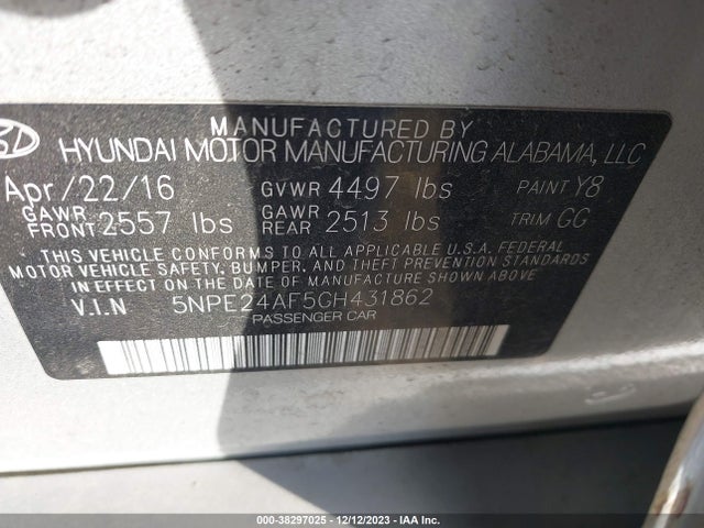 2016 HYUNDAI SONATA SE VIN: 5NPE24AF5GH431862