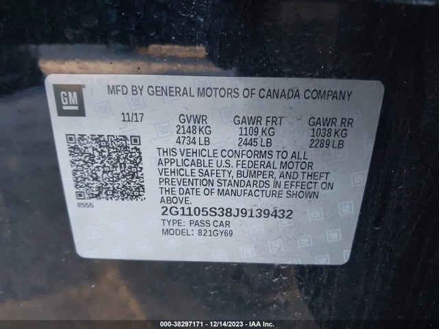 Chevrolet IMPALA 1LT 2018 2G1105S38J9139432 Image 9