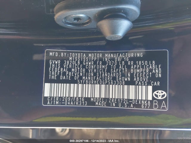 2016 TOYOTA COROLLA LE VIN: 5YFBURHE0GP563308