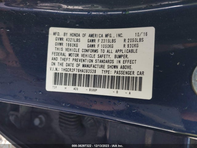 Honda ACCORD EX 2017 1HGCR2F76HA083539 Image 9