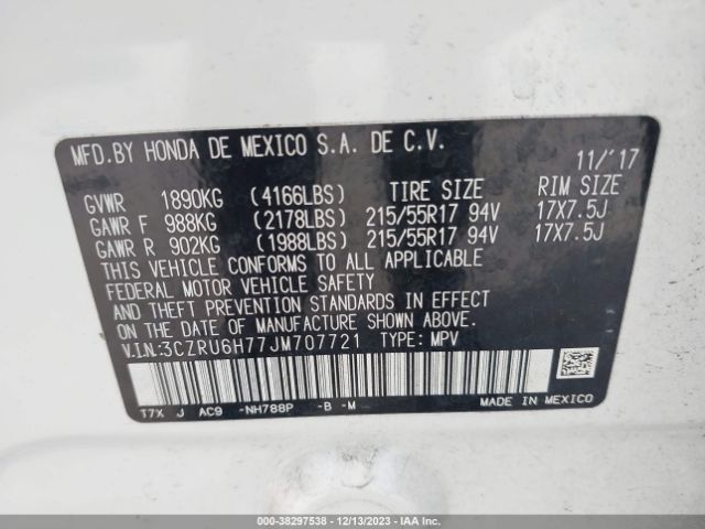 3CZRU6H77JM707721 Honda Hr-v Ex-l