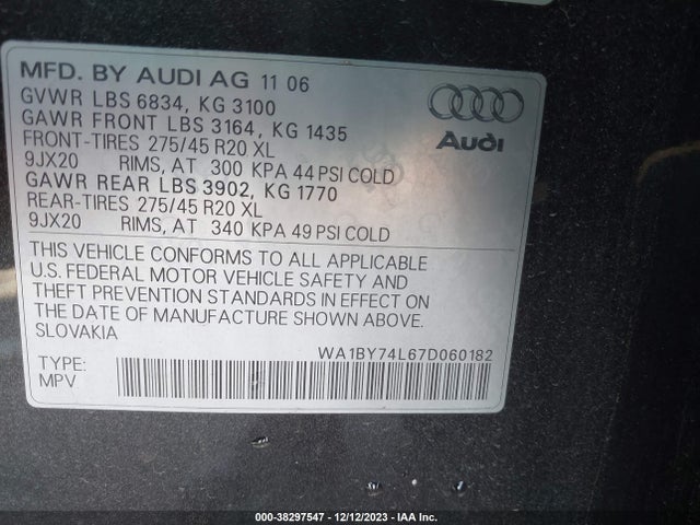 2007 Audi Q7 3.6 Premium მანქანა იყიდება აუქციონზე, vin: WA1BY74L67D060182, აუქციონის ნომერი: 38297547